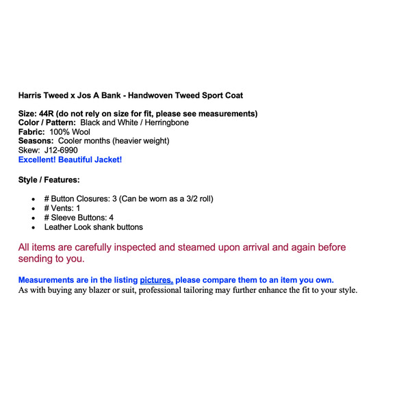 Harris Tweed x Jos A Bank 44R Black White Herringbone Sport Coat Blazer 3/2 Roll - Picture 2 of 14